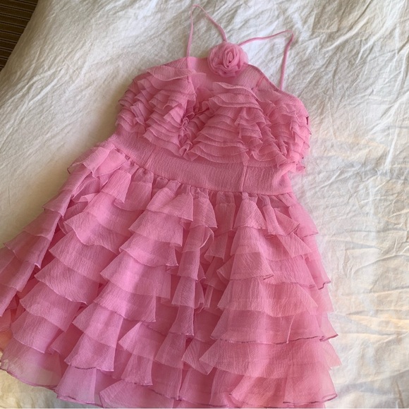 NWT Staud Florian Appliqué Flower Ruffle Halter Organza Mini Dress Tulip Pink - Picture 6 of 13